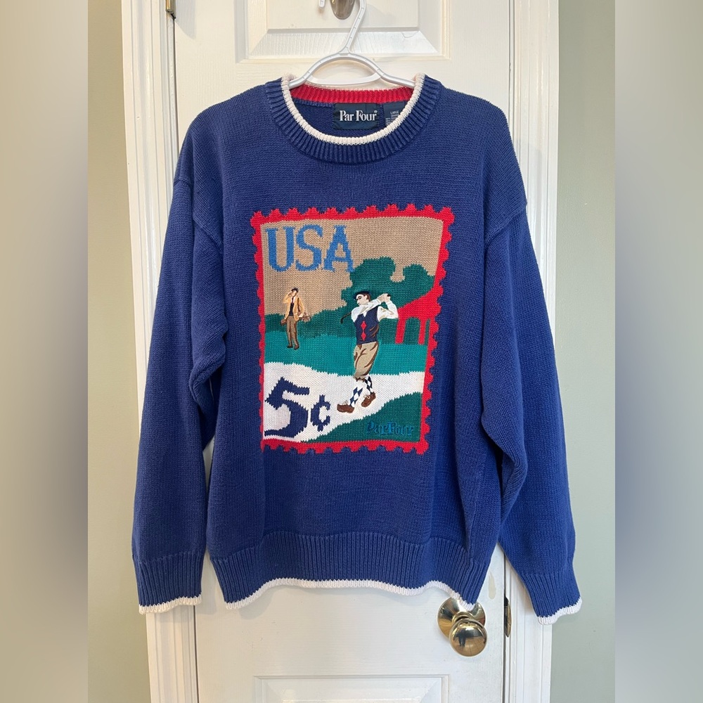 Vintage 90s Par Four Golf Sweater Embroidered Men’s Large Blue Knit Pullover b2